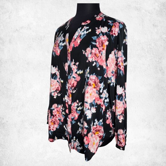 Torrid Floral Blouse 3X – Black Pink Rose Print Top Plus Size Long Sleeve - Picture 3 of 6